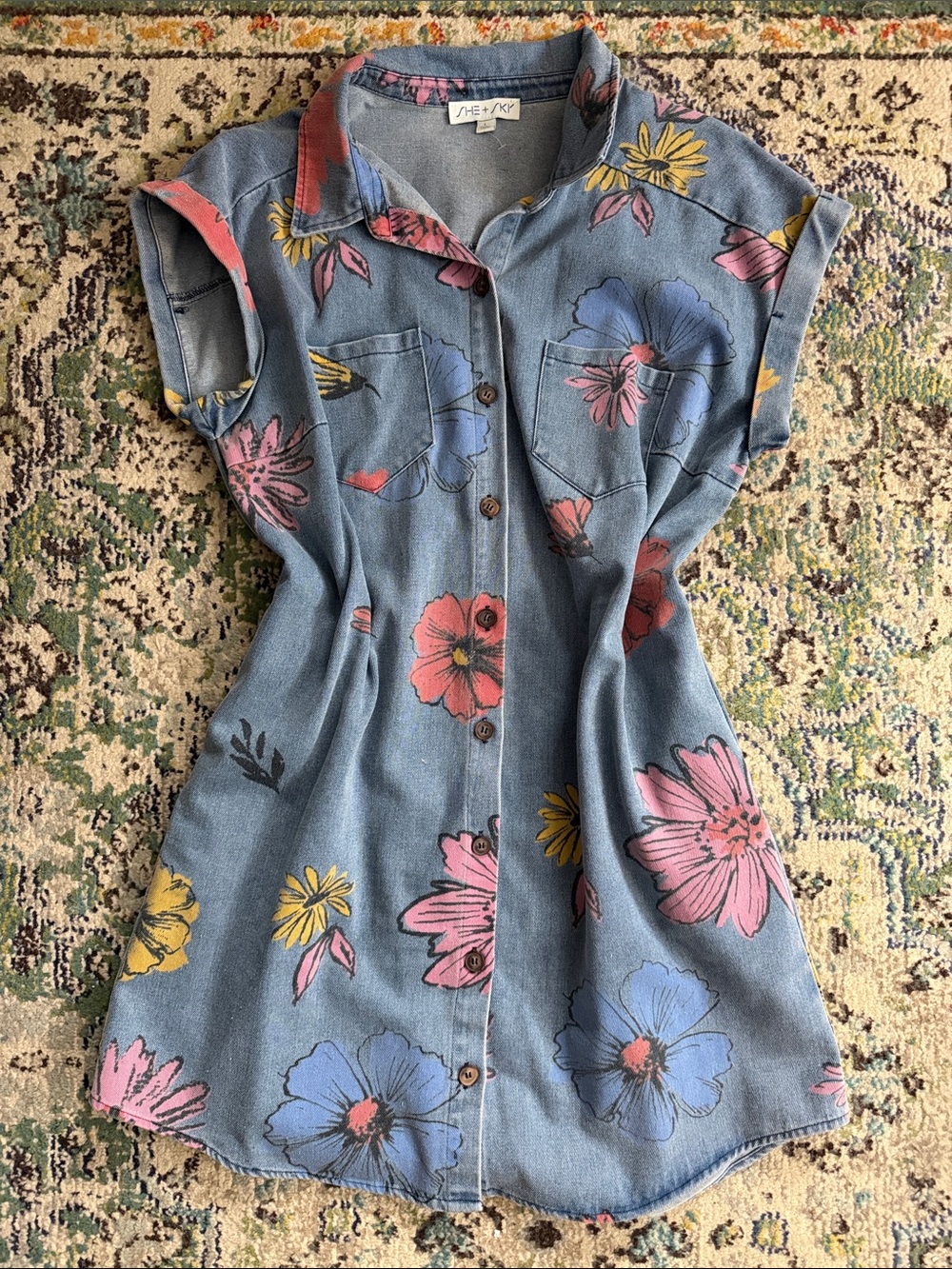 Floral Print Denim Shirt Dress - Blue/Pink/Yellow